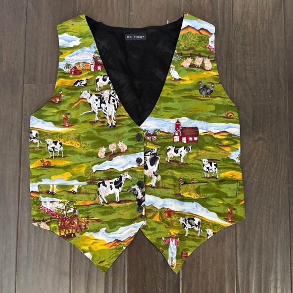 Vintage Made in USA Whimsical Farm Cow Print Cotton Vest Size Large UNISEX - Picture 1 of 7
